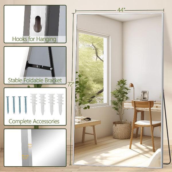 MELOMOIR Oversized Floor Mirror, Free Standing Leaning or Hanging, Suitable for Bedroom Living Room Home Gym Cloakroom, Thin Aluminum Frame, Tempered Glass, Silver - MIRRORONS