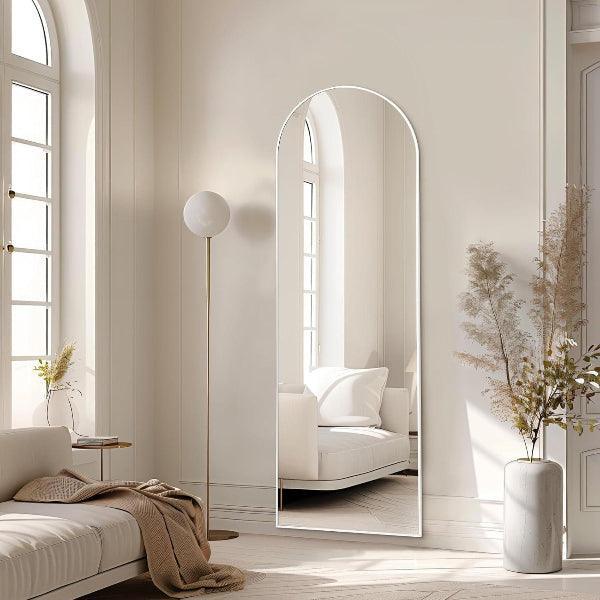 MELOMOIR Arched Full Length Mirror, Free Standing Leaning or Hanging, Thin Aluminum Frame, Tempered Glass, Suitable for Living Room Bedroom Cloakroom Hallway Home Gym, White - MIRRORONS
