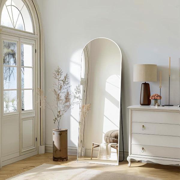 MELOMOIR Arched Full Length Mirror, Free Standing Leaning or Hanging, Thin Aluminum Frame, Tempered Glass, Suitable for Living Room Bedroom Cloakroom Hallway Home Gym, White - MIRRORONS