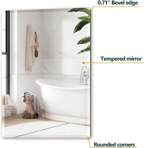 Beveled Mirror, Wall Mirror, Frameless Rectangle Bathroom Mirror with Beveled Edge, Hangs Horizontally or Vertically. Rounded Corner Tempered Mirror - MIRRORONS