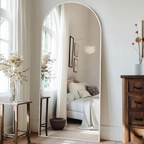 MELOMOIR Arched Full Length Mirror, Free Standing Leaning or Hanging, Thin Aluminum Frame, Tempered Glass, Suitable for Living Room Bedroom Cloakroom Hallway Home Gym, White - MIRRORONS