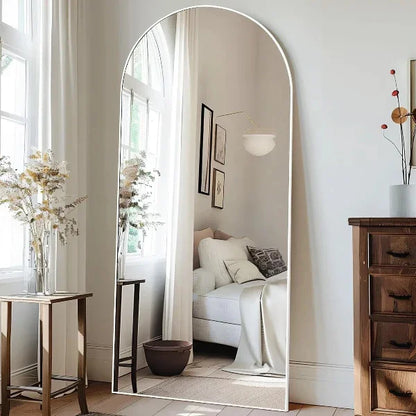 MELOMOIR Arched Full Length Mirror, Free Standing Leaning or Hanging, Thin Aluminum Frame, Tempered Glass, Suitable for Living Room Bedroom Cloakroom Hallway Home Gym, White - MIRRORONS