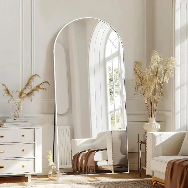 MELOMOIR Arched Full Length Mirror, Free Standing Leaning or Hanging, Thin Aluminum Frame, Tempered Glass, Suitable for Living Room Bedroom Cloakroom Hallway Home Gym, White - MIRRORONS