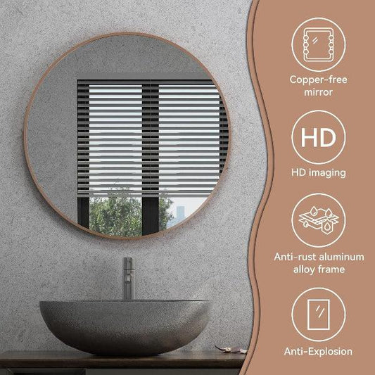 Rose Gold Mirror, Wall Mounted Circle Mirror, Shatterproof Round Bathroom Mirror, Metal Frame Vanity Mirror for Living Room Bedroom Entryways - MIRRORONS